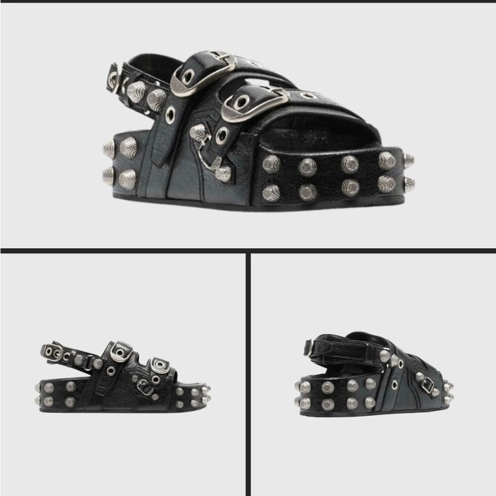 Vesta Minimal, Black Italian Leather 3D Studded Unisex Flatform Sandal. 2 pairs
